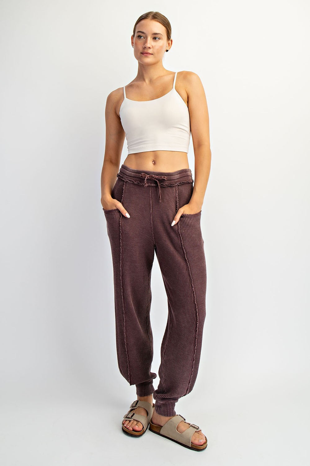 Burgundy Raw Seam Waffle Knit Maternity Joggers