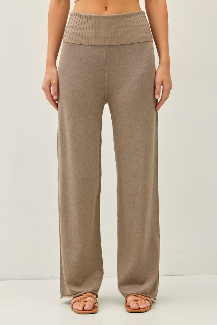 Mocha Ribbed Knit Foldover Waist Pants