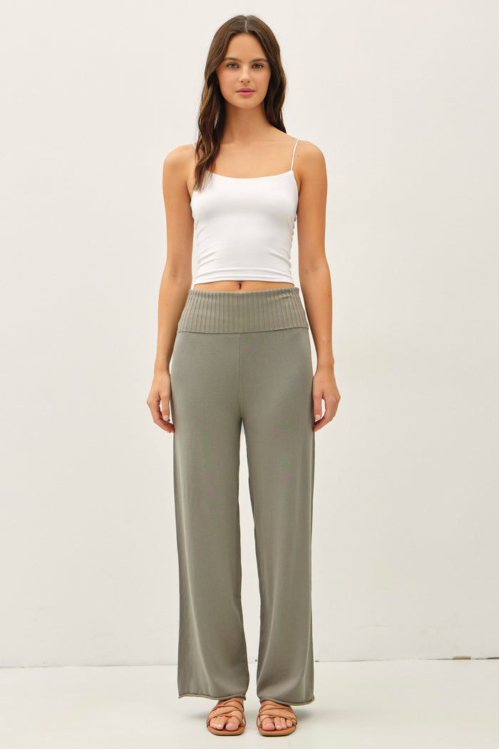 Olive Ribbed Knit Foldover Waist Pants