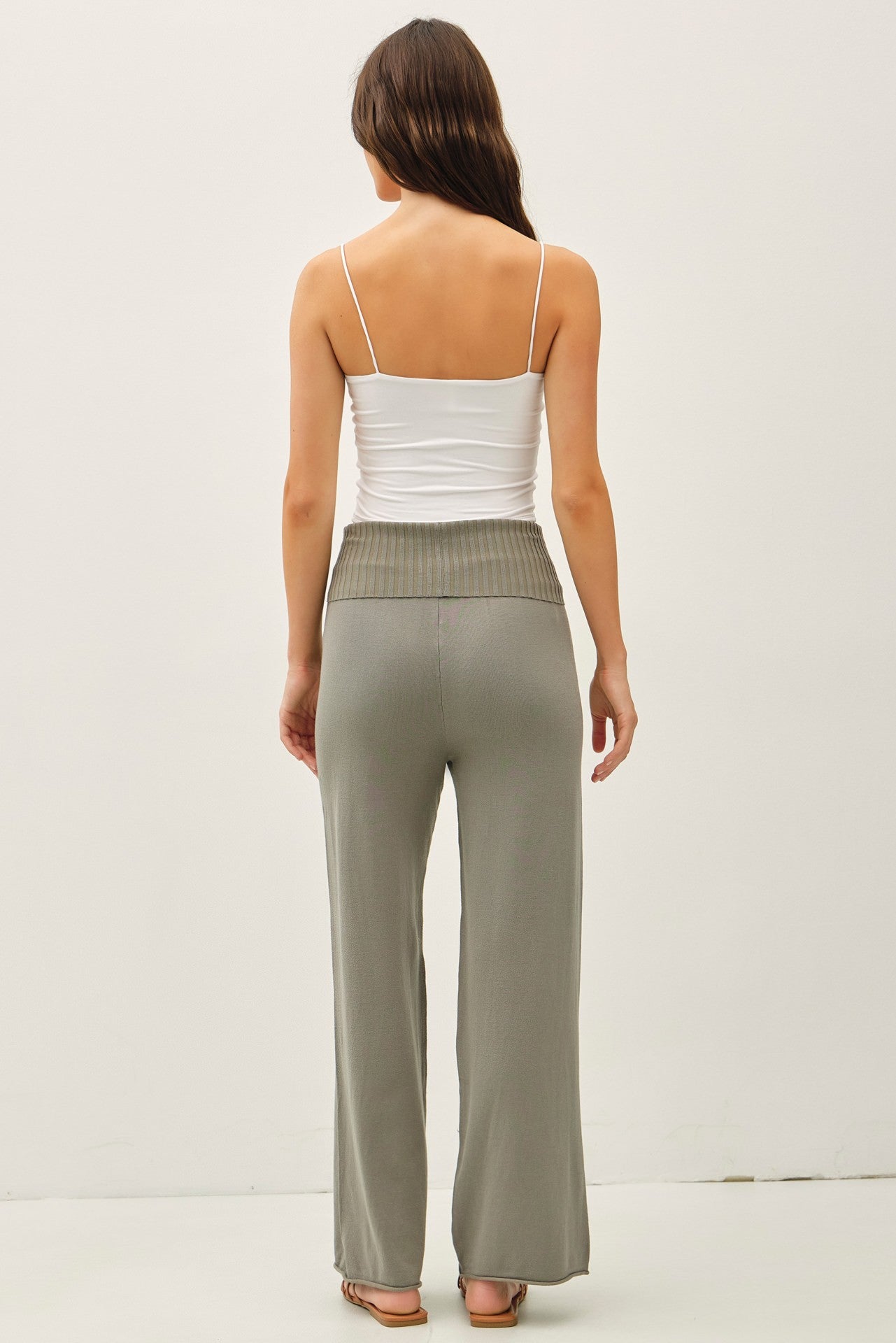 Olive Ribbed Knit Foldover Waist Pants