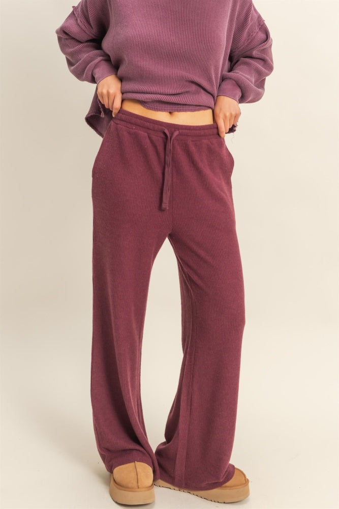 Burgundy Brushed Ribbed Knit Lounge Pants