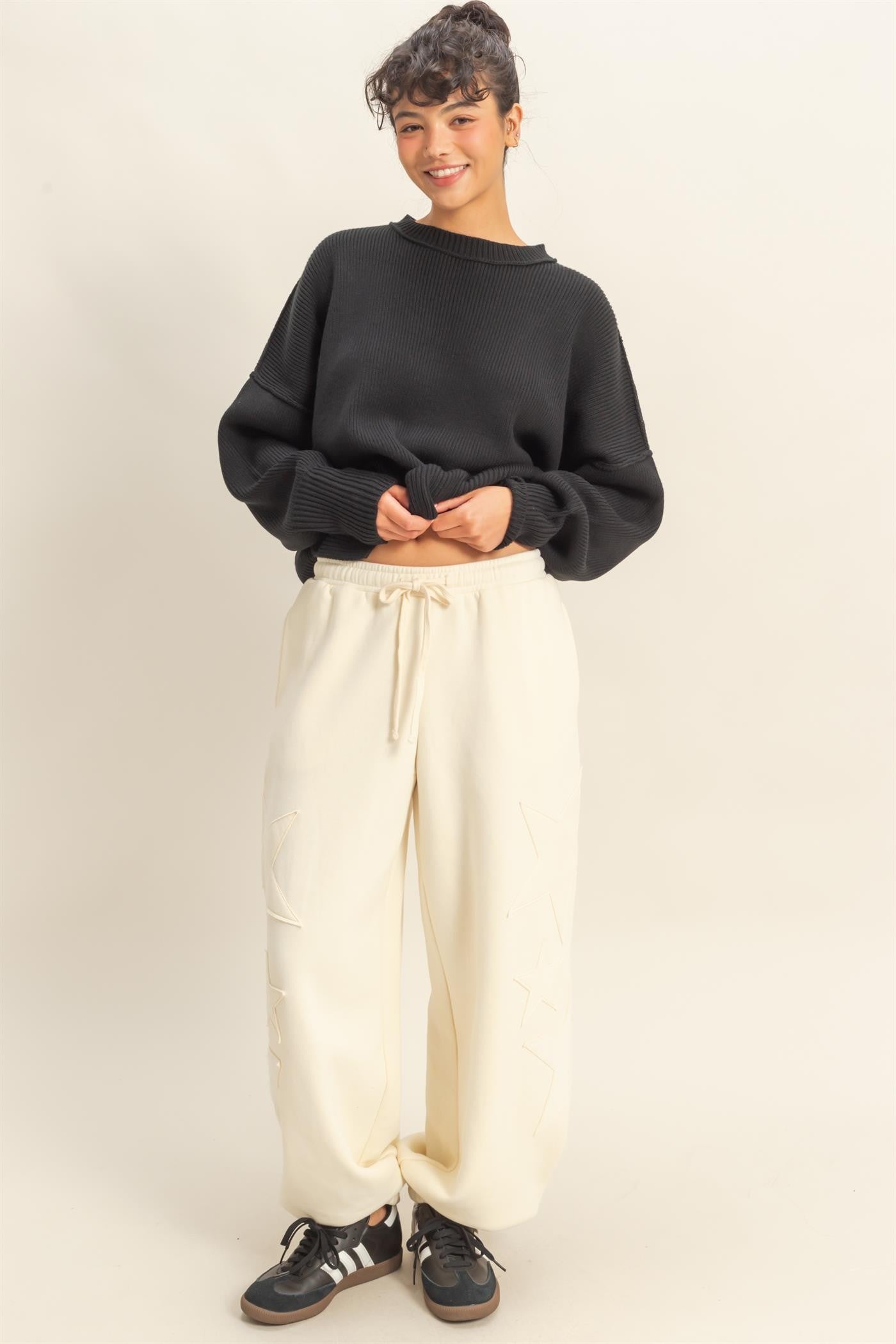 Cream Star Patch Drawstring Sweatpants