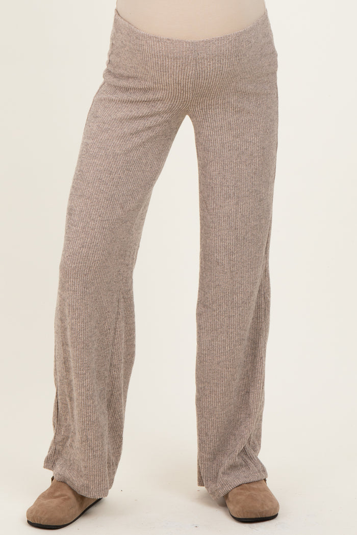 Beige Brushed Knit Flare Leg Maternity Pants