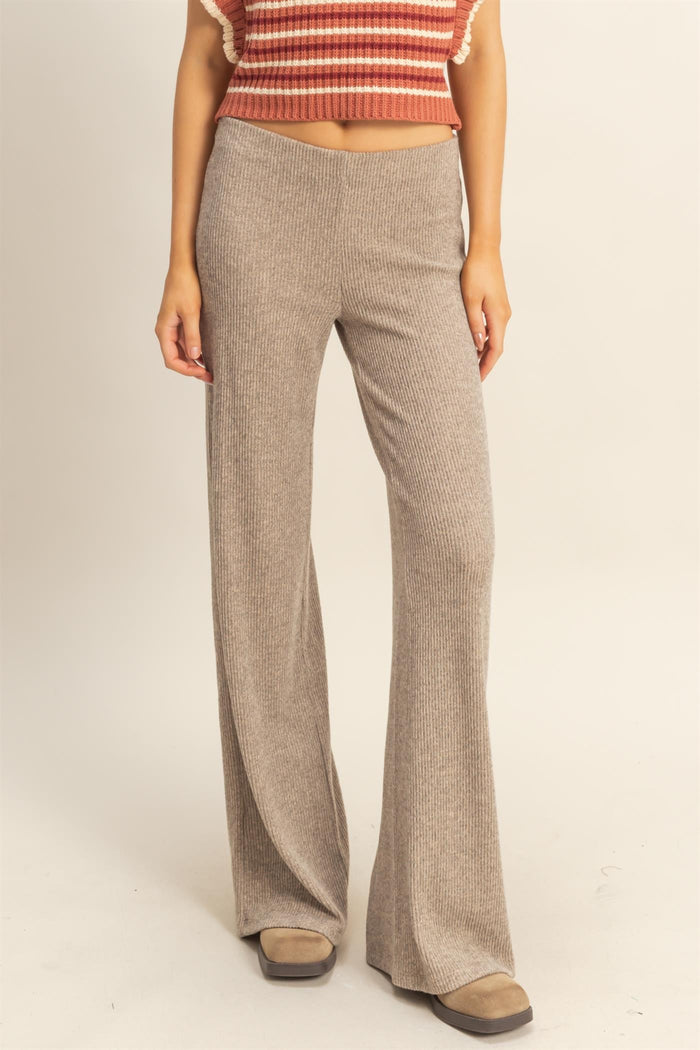 Beige Brushed Knit Flare Leg Pants