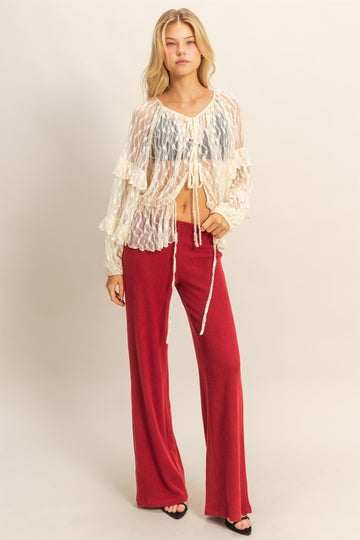 Red Brushed Knit Flare Leg Pants