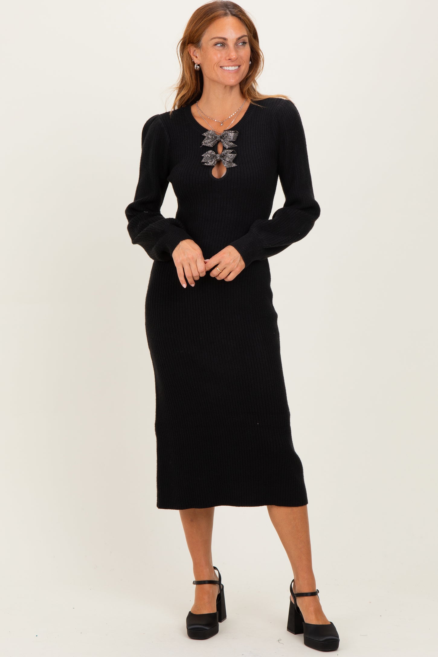 Black Ribbed Bow Detail Midi Sweater Dress