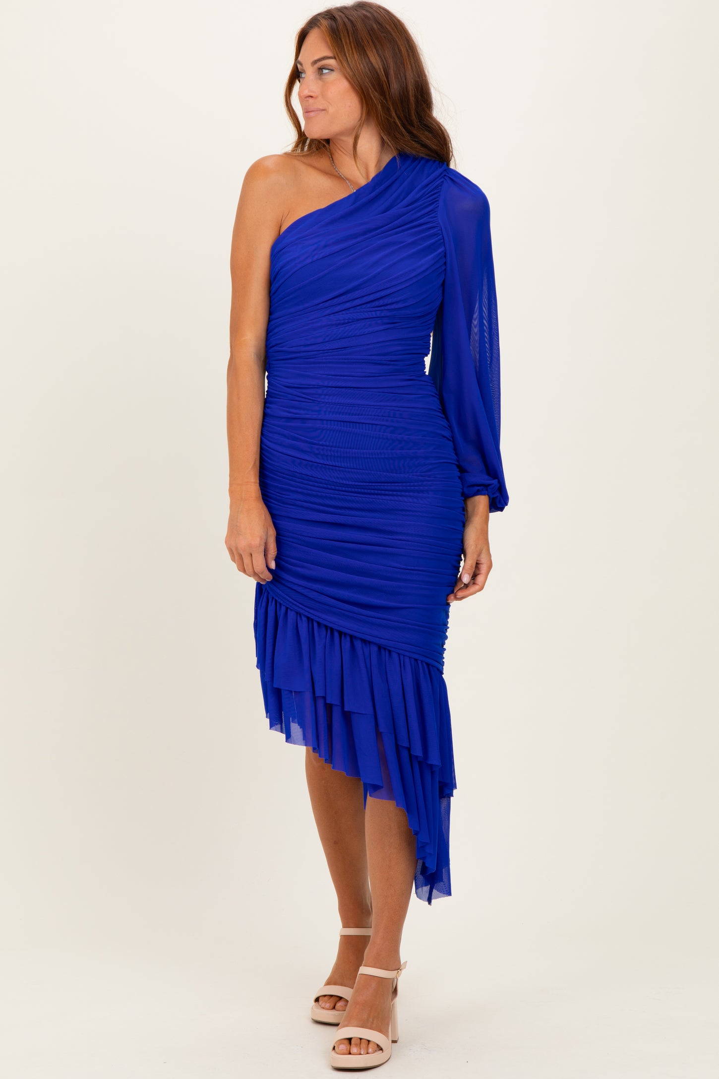 Royal Blue Mesh Ruched One Shoulder Asymmetric Maternity Dress