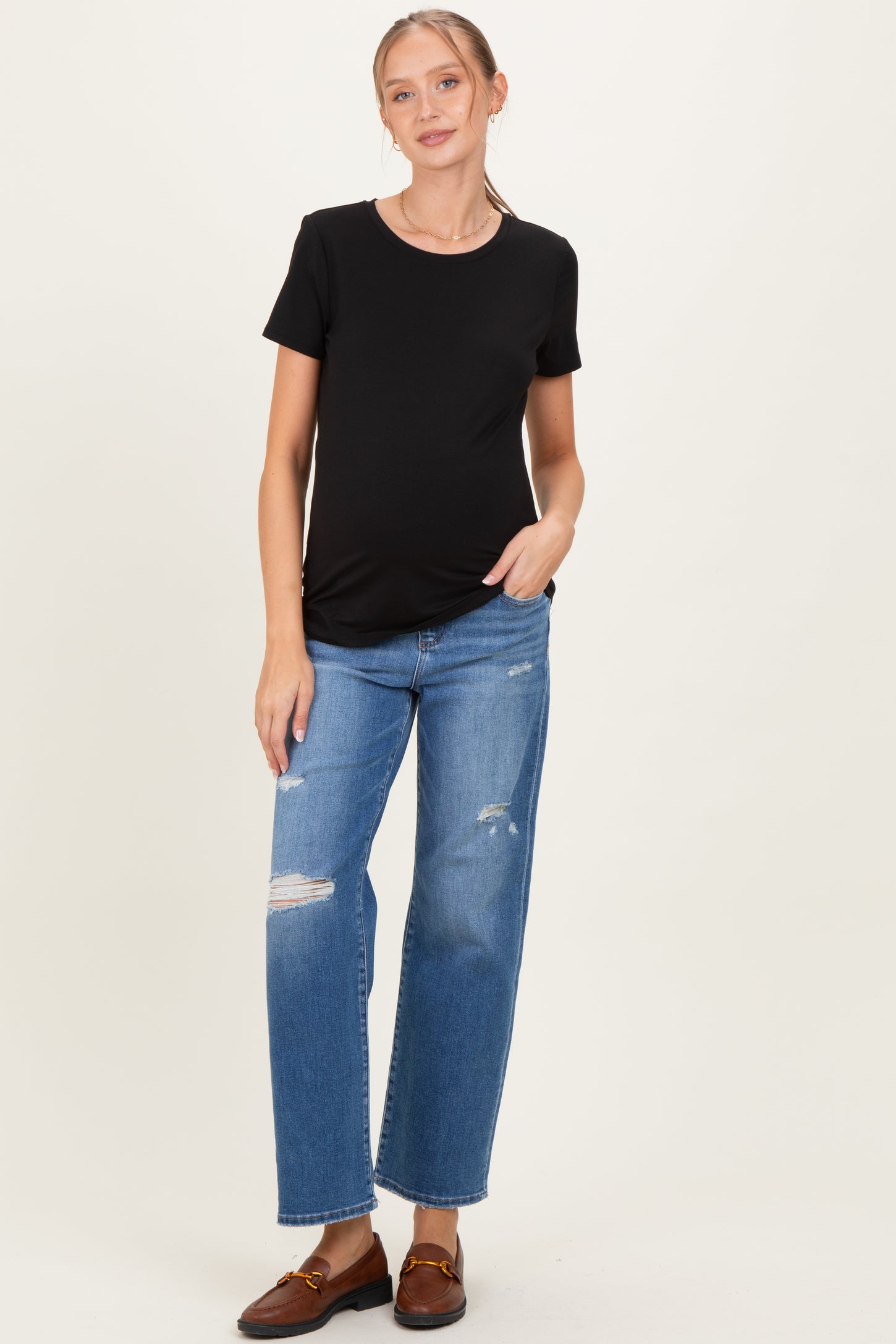 Blue Distressed Ripped Knee Straight Leg Maternity Jeans