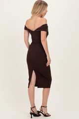 Brown Off Shoulder Fitted Midi Dress