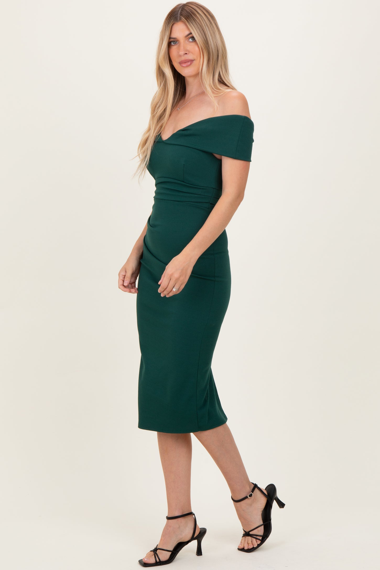 Forest Green Off Shoulder Fitted Midi Dress
