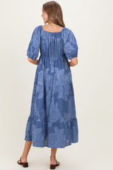 Blue Floral Textured Tiered Midi Maternity Dress