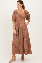Brown Floral Textured Tiered Midi Maternity Dress