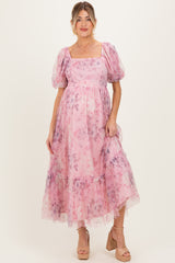 Pink Floral Printed Tulle Puff Sleeve Maternity Midi Dress