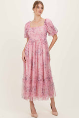 Pink Floral Printed Tulle Puff Sleeve Maternity Midi Dress