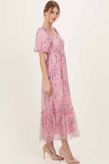 Pink Floral Printed Tulle Puff Sleeve Midi Dress