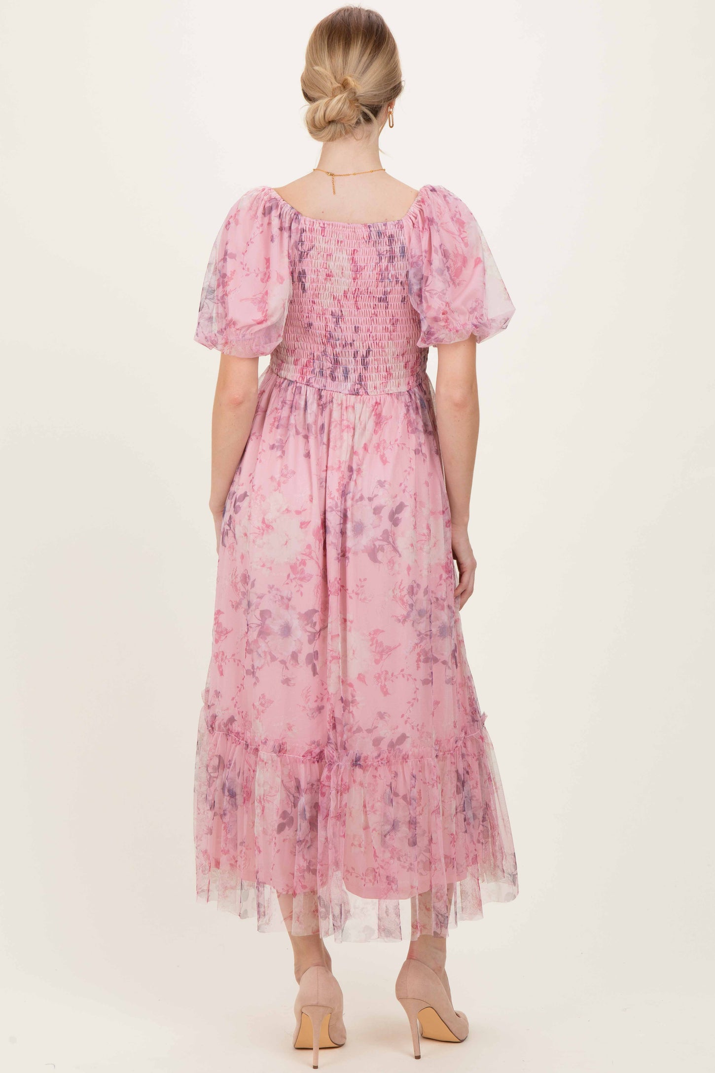 Pink Floral Printed Tulle Puff Sleeve Midi Dress