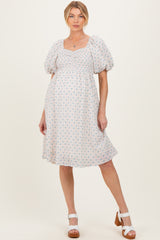 Pink Floral Square Neck Puff Sleeve Maternity Midi Dress