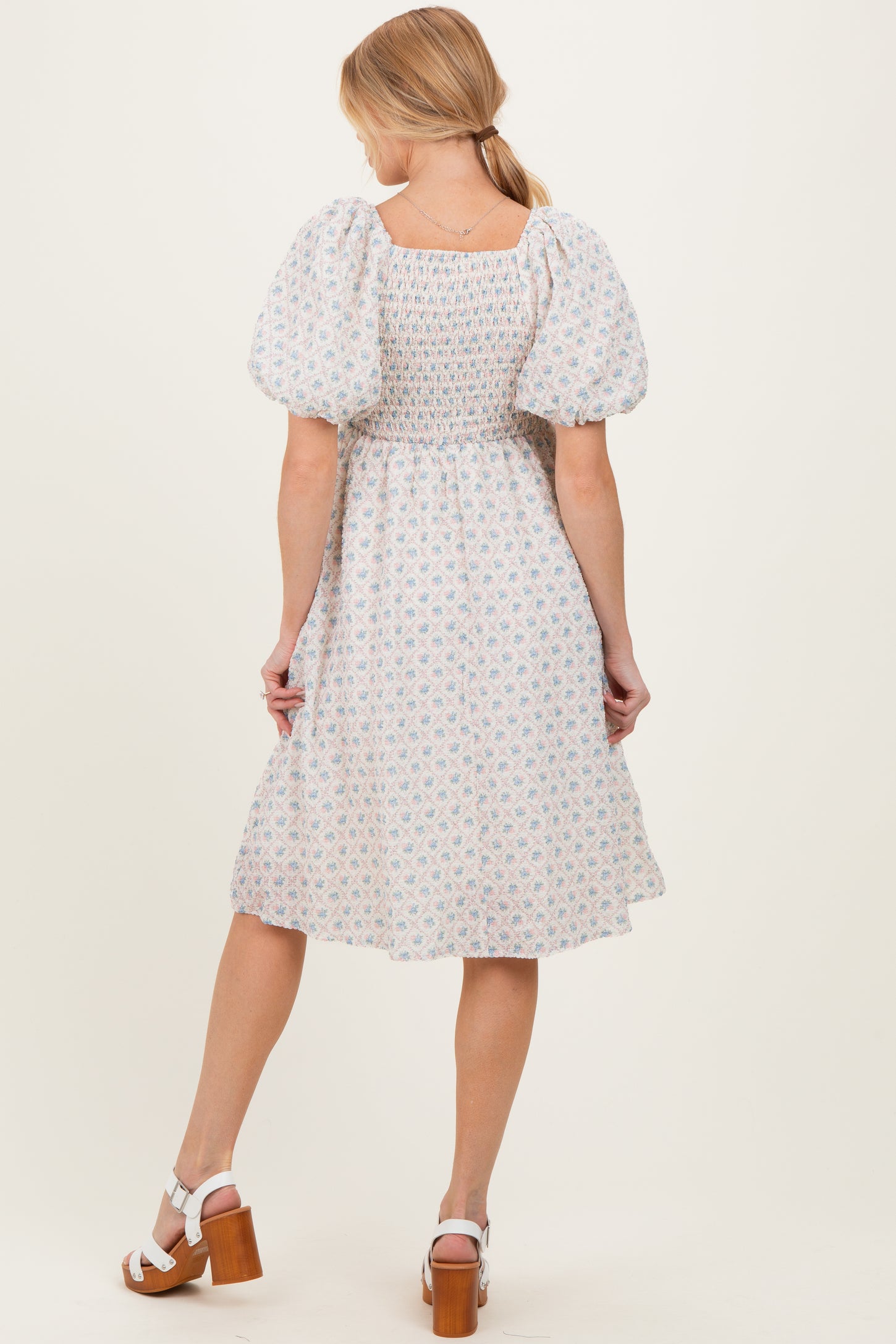 Pink Floral Square Neck Puff Sleeve Maternity Midi Dress