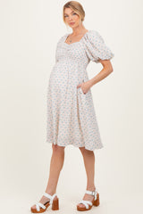 Pink Floral Square Neck Puff Sleeve Maternity Midi Dress