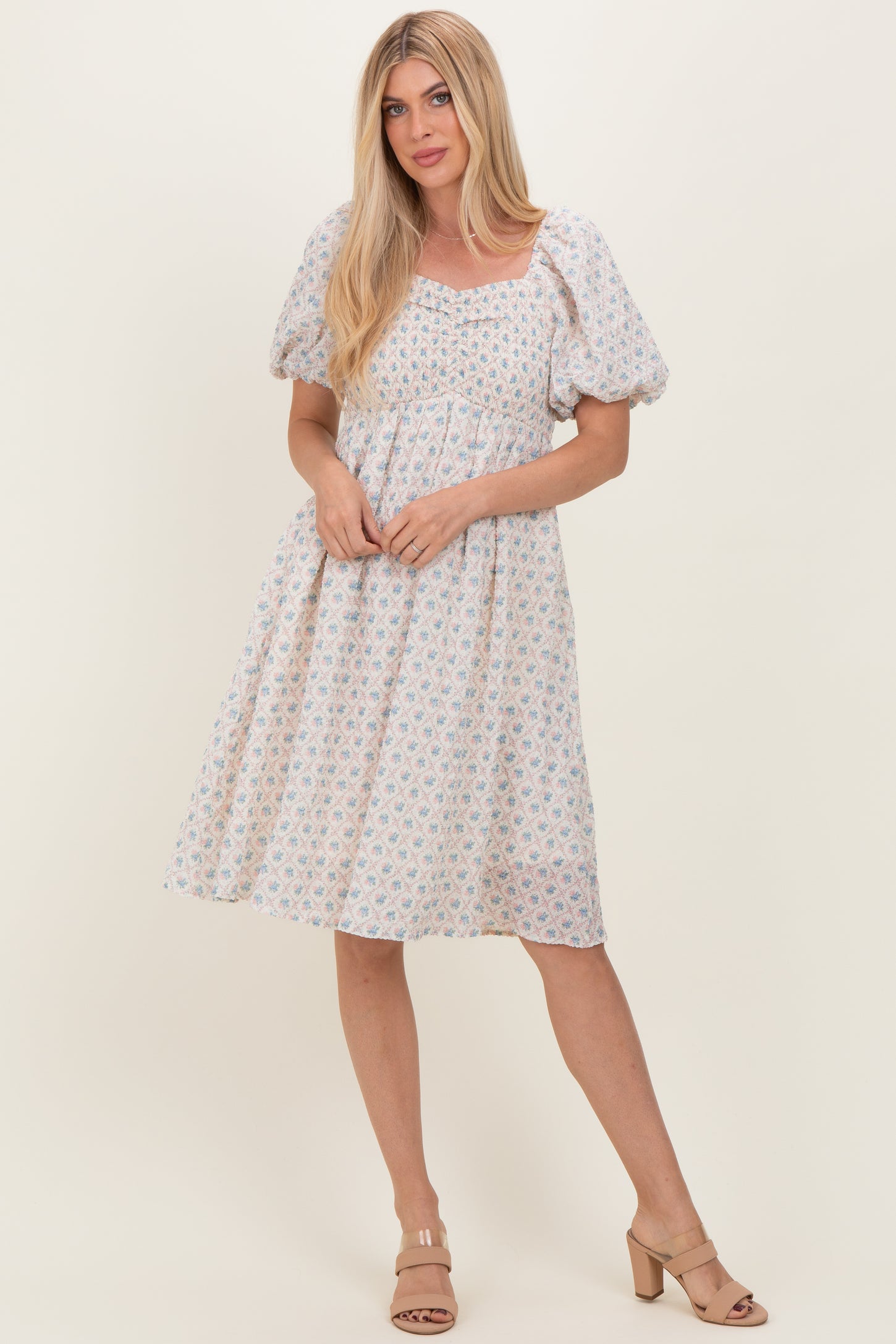 Pink Floral Square Neck Puff Sleeve Maternity Midi Dress