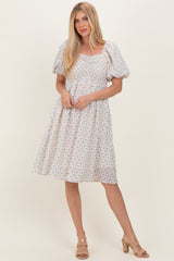 Pink Floral Square Neck Puff Sleeve Maternity Midi Dress