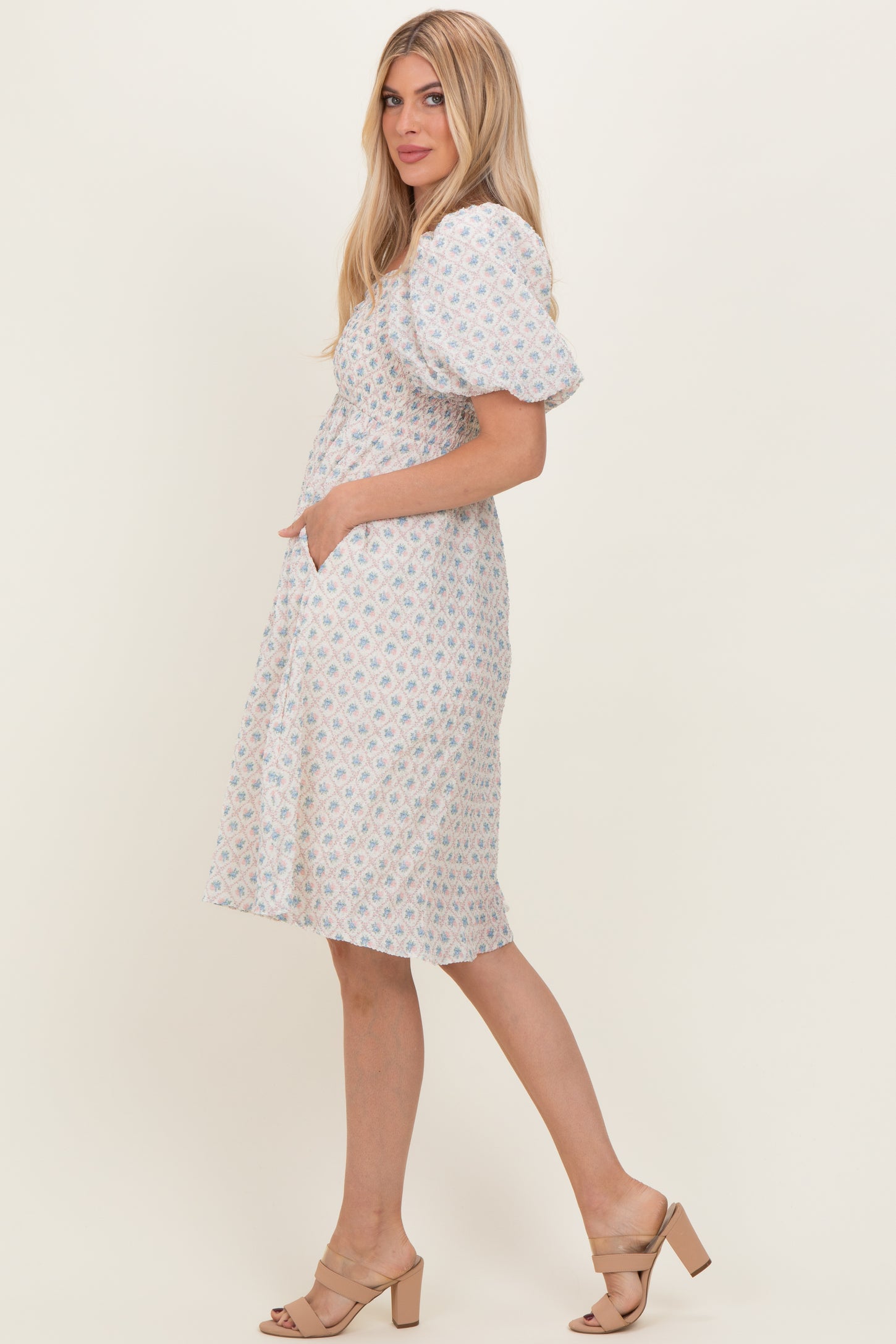 Pink Floral Square Neck Puff Sleeve Midi Dress