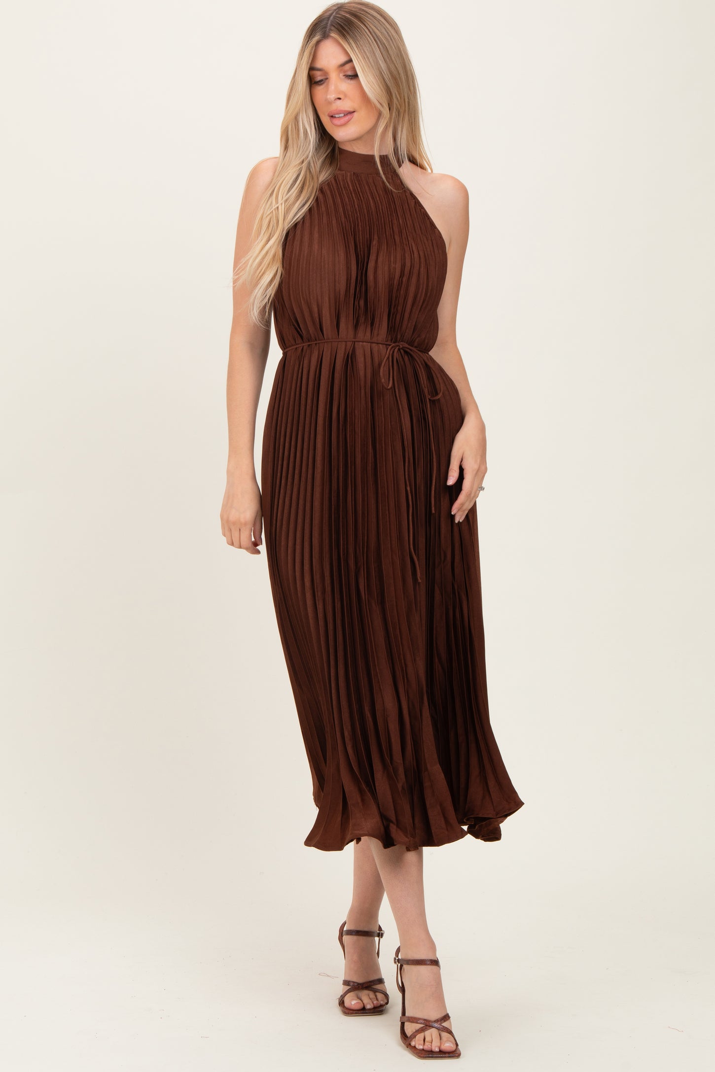 Brown Pleated Halter Dress