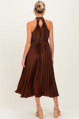 Brown Pleated Maternity Halter Dress