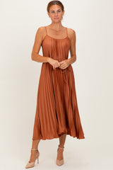 Rust Pleated Sash Tie Maternity Midi Dress