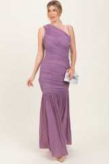 Dark Lavender Ruched Mesh One Shoulder Maxi Dress