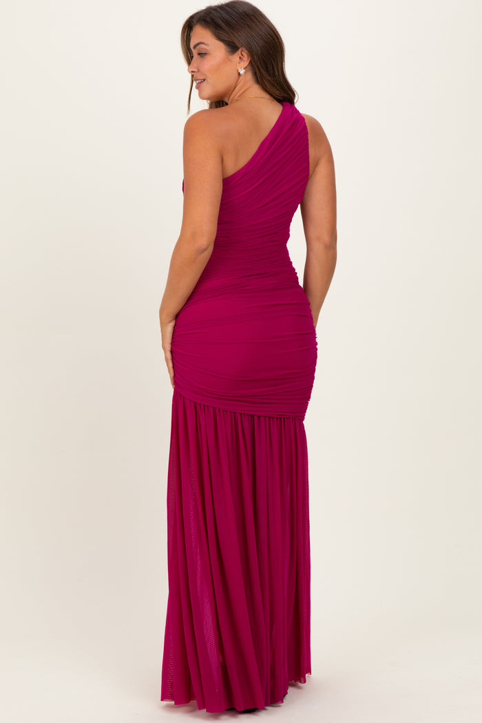 Deep Magenta Ruched Mesh One Shoulder Maternity Maxi Dress