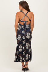 Black Lace Up Back Maternity Midi Dress