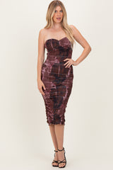 Pink Brown Tube Ruching Midi Maternity Dress