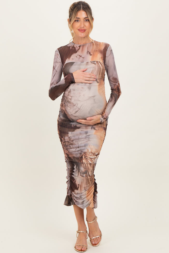 Pink Brown Ruching Midi Maternity Dress
