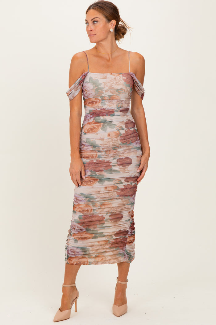 Taupe Floral Ruched Midi Maternity Dress