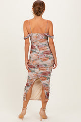 Taupe Floral Ruched Midi Dress