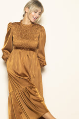 Mocha Mock Neck Satin Smocked Chest Dress
