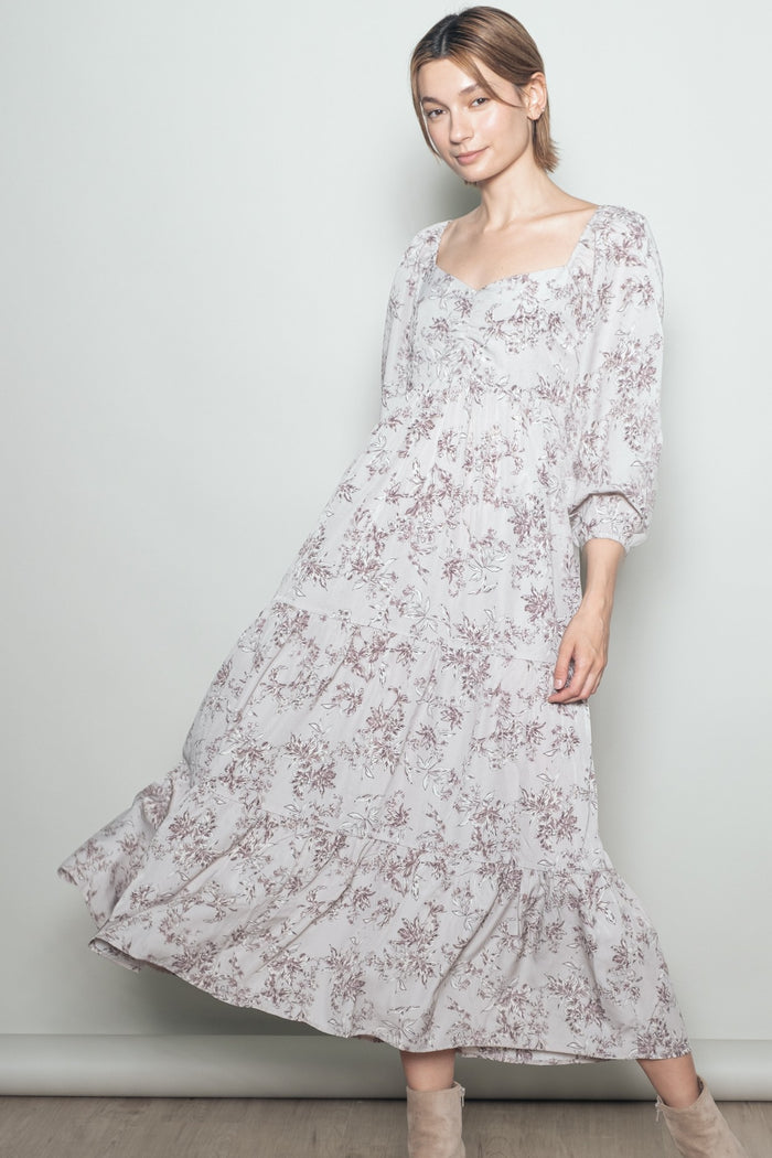 White Grey Antique Floral Neck Maxi Dress