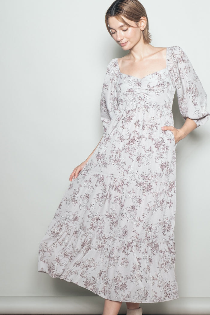White Grey Antique Floral Neck Maxi Dress