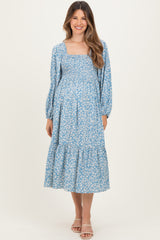 Dusty Blue Floral Square Neck Maternity Maxi Dress