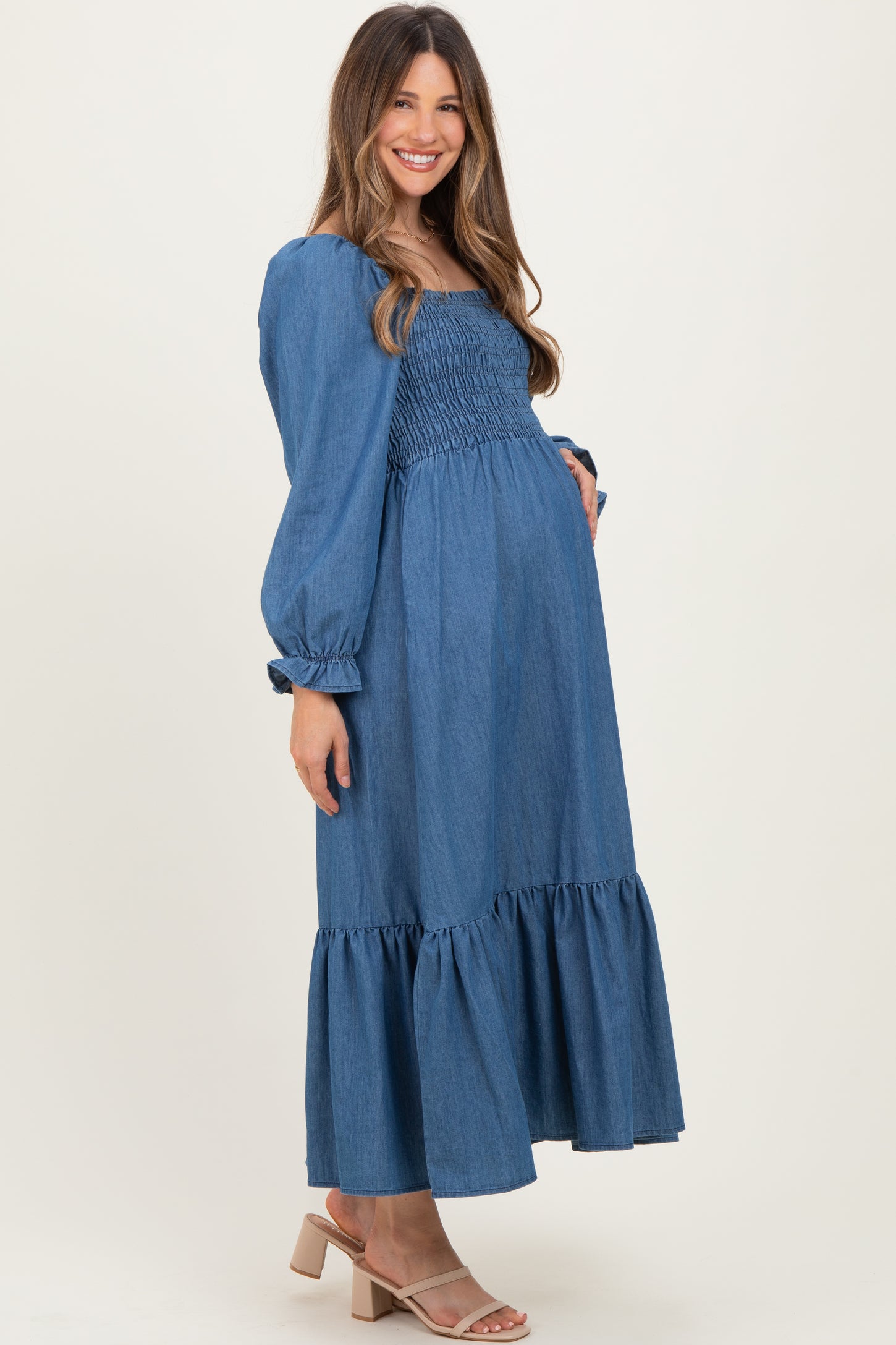 Denim Washed Sweetheart Maternity Maxi Dress