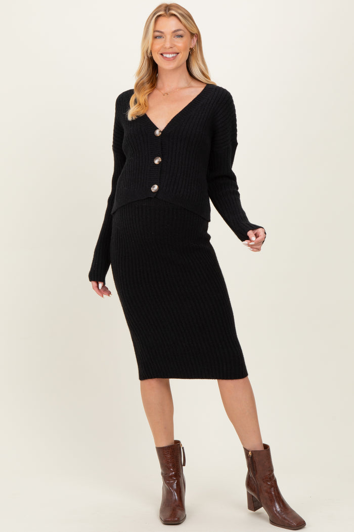 Black Knit Maternity Cardi And Skirt Set