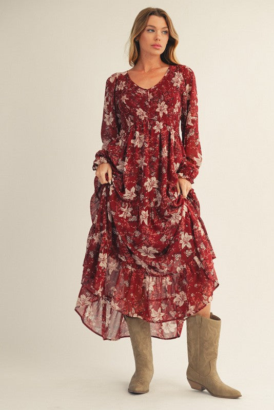 Burgundy Smocked Floral Midi Dress