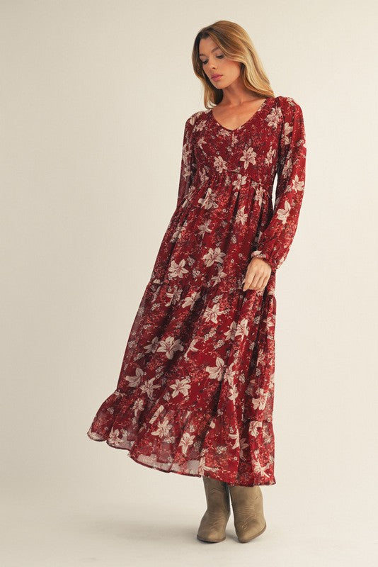 Burgundy Smocked Floral Midi Dress