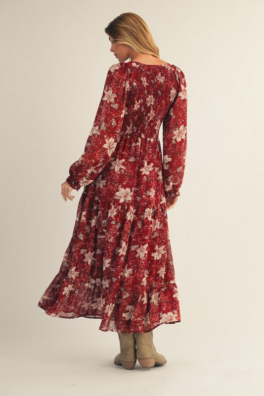 Burgundy Smocked Floral Midi Dress