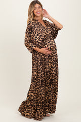 Leopard Pleated V Neck Satin Maternity Maxi Dress