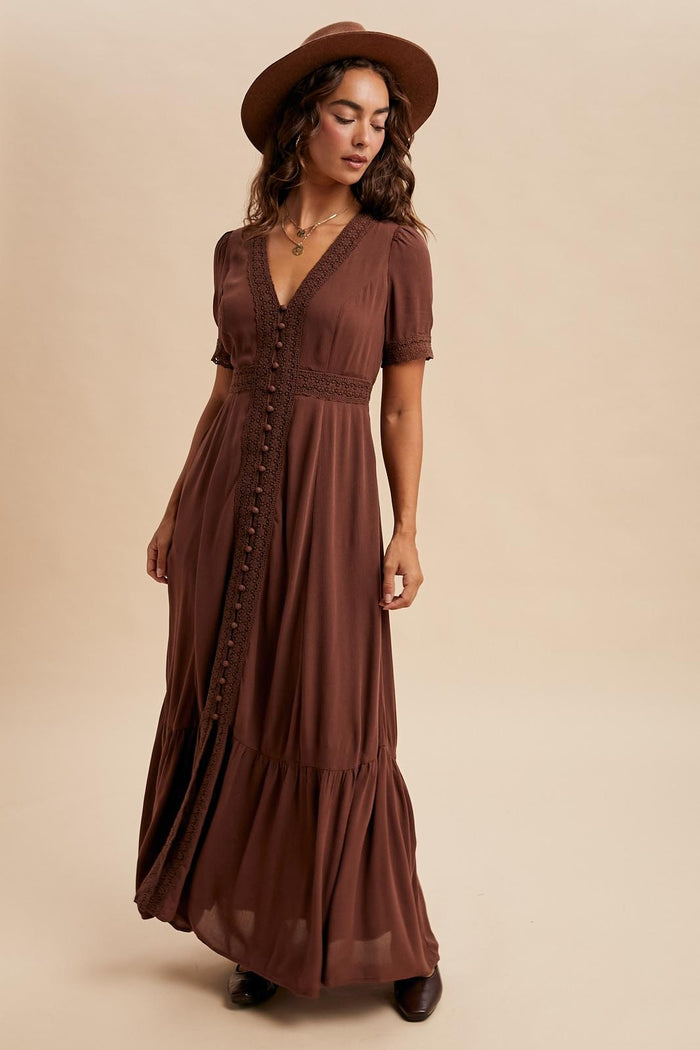 Brown Lace Trim Button Down Maternity Maxi Dress