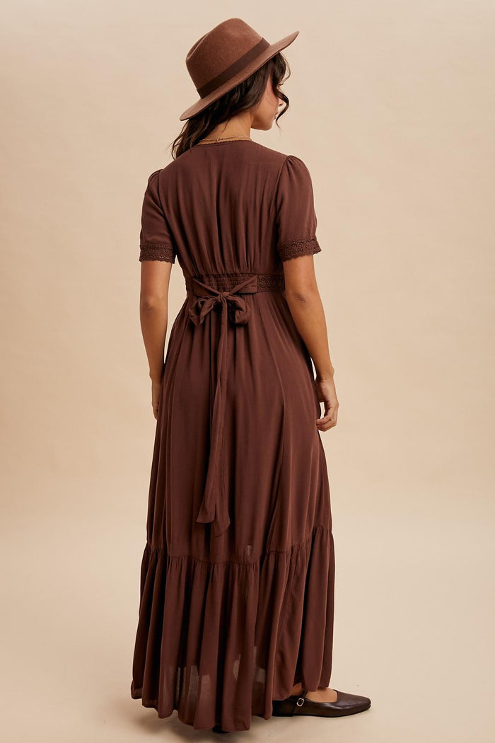 Brown Lace Trim Button Down Maxi Dress