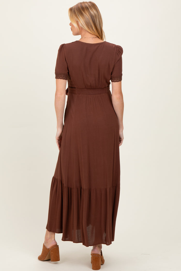 Brown Lace Trim Button Down Maternity Maxi Dress