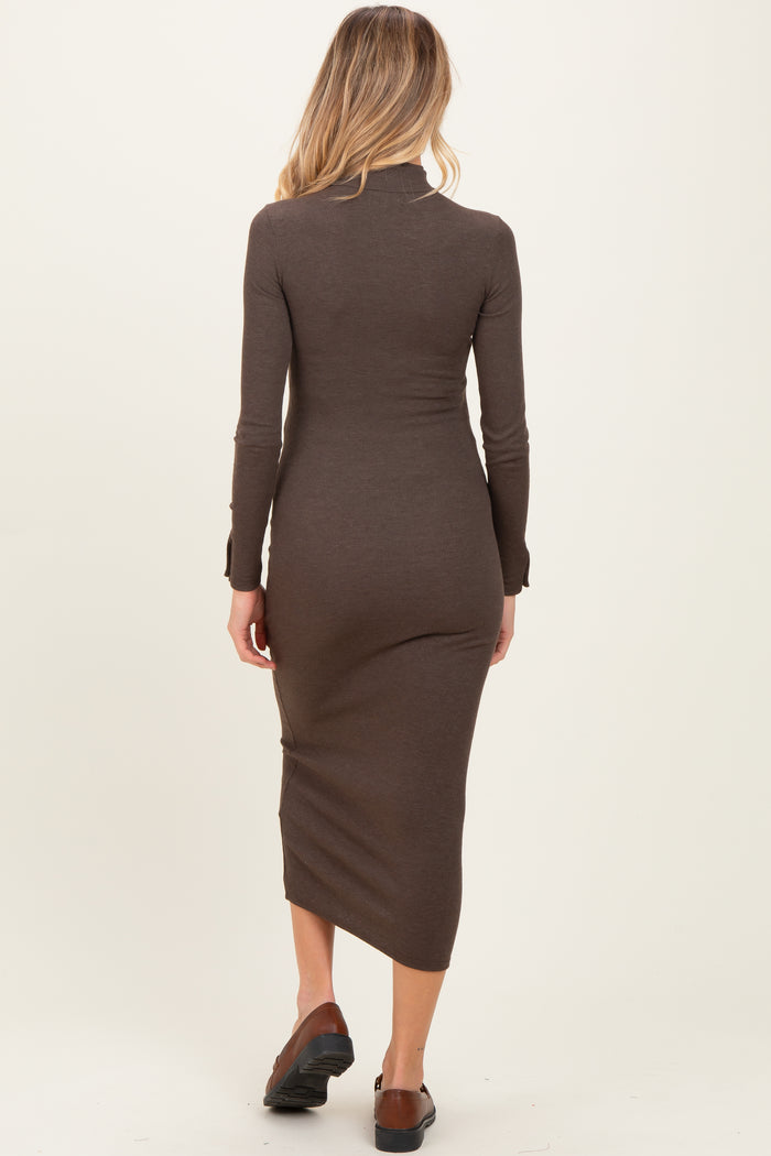 woman wearing a brown long sleeve maternity dress with a fitted silhouette and below-the-knee length from the back